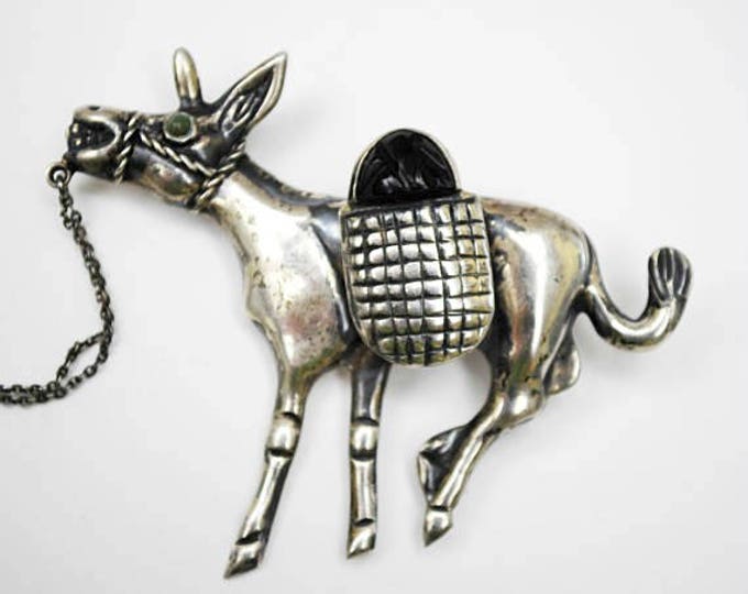 Sterling Mexico Chatelaine Pin - Silver Man pulling Donkey - Double Brooch - Signed Sterling Mexico - Onyx Jasper gemstone - figurine
