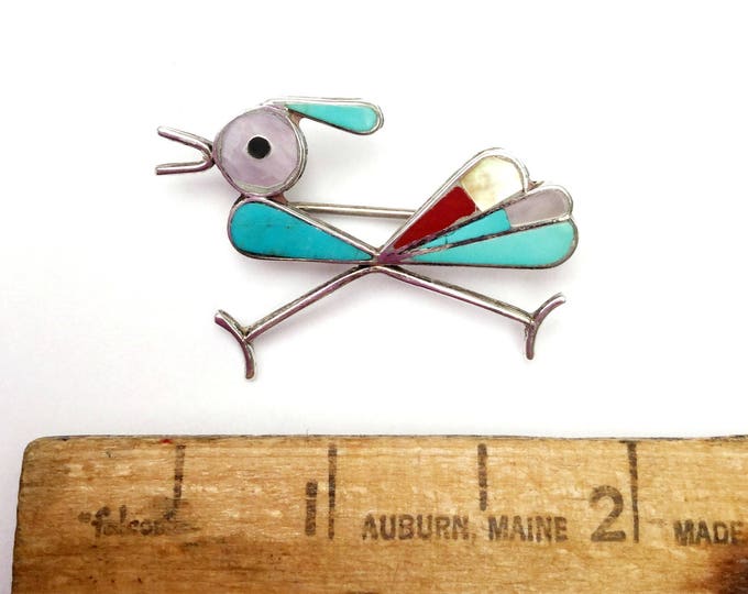 Road Runner Brooch - Silver Turquoise Coral Mother of pearl Onyx Inlay - Southwestern - Old Pawn - Native American Navajo - Bird pin