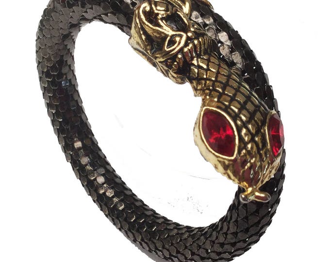 Snake Bracelet - Black mesh - Gold serpent head- Red rhinestone eyes - wrap bangle