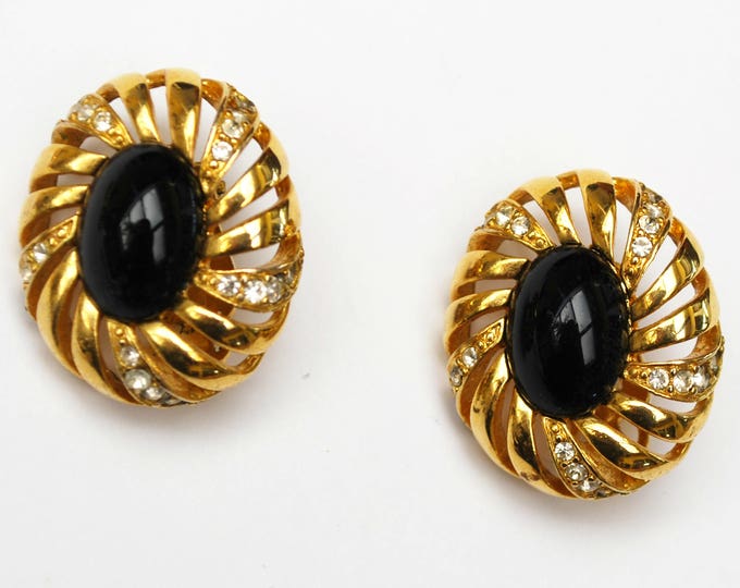 Flower brooch earrings Set - Signed Cindy Adams - Black white glass cabochon - Rhinestone - Yellow gold jewelry set