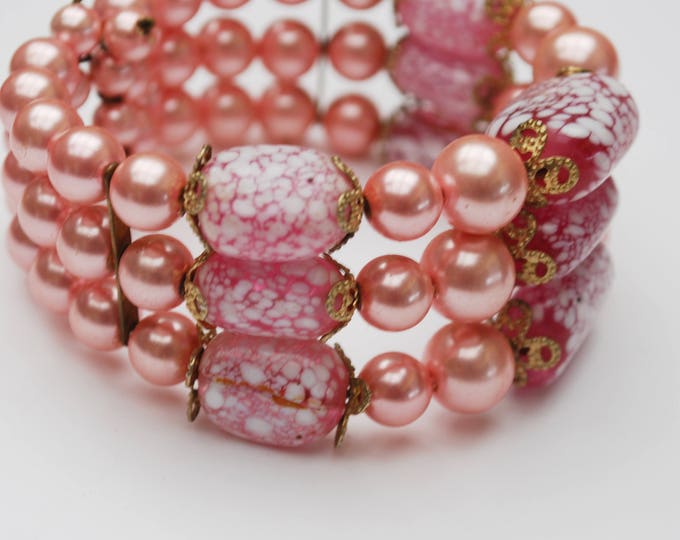 Pink Bead Cuff Bracelet - melatic pink - artglass beads - wire - bangle