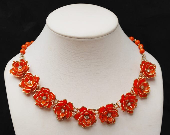 Orange Flower necklace earring set -Plastic floral - clear rhinestone - gold trim