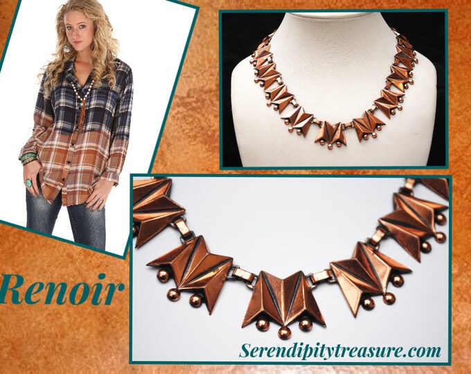 Copper link Necklace - Signed Renoir - modernistic Abstract Triangle - Mid century Mod