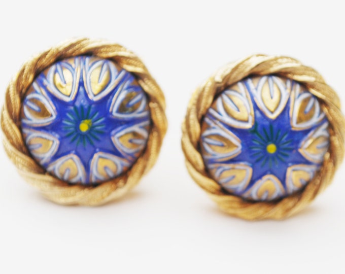 blue pained cuff link - gold metal - Mid century - round domed white gold leaf - vintage cuff links