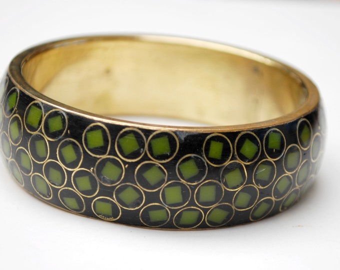 Brass bangle - Green Enameling Gold Polka dot -Boho bracelet