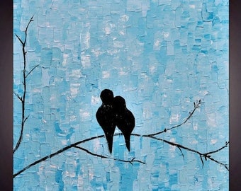 SALE Original Abstract Blue Love Birds Impasto Palette Knife Wall Art Painting. Size 24 x 24 x 1.5