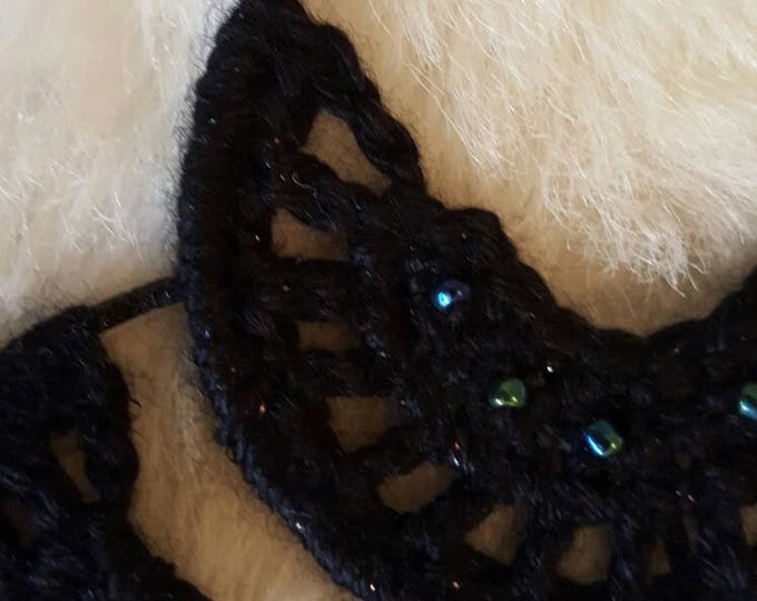 Large Black Beaded Crochet Earrings Subtle Shimmer on Hoop and Yarn 3.75 Inches