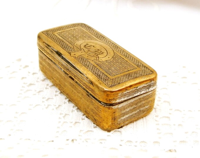 Antique French Victorian Rectangular Small Brass Box Engraved with the Monograms CM, Metal Snuff Box with Initials CM From France, Retro Tin