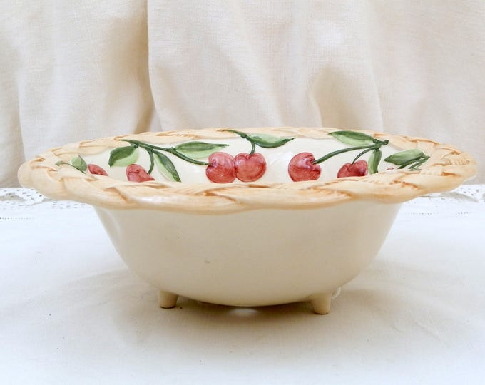 Vintage Majolica Style Pottery Berry Bowl With Cherry Pattern, China Fruit Colander with Basket Motif, Ceramic Strainer Bowl with Holes