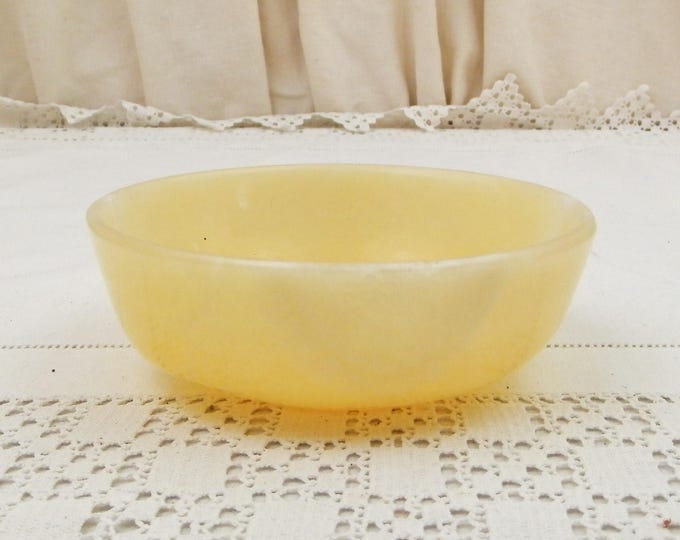 Vintage Carved Pale Yellow Veined Onyx Stone Bowl, Agate Trinket Vessel, Retro Vide Poche,