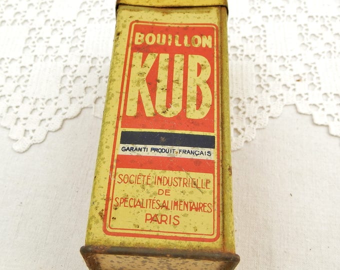 Small Vintage French Metal Tin For Gravy Cubes Bouillon Kub Red Graphics on Yellow, Kitchen Decor From France, Collectible Thin Metal Box Small Vintage French Metal Tin For Gravy Cubes Bouillon Kub Red Graphics on Yellow, Kitchen Decor From France, Collectible Thin Metal Box