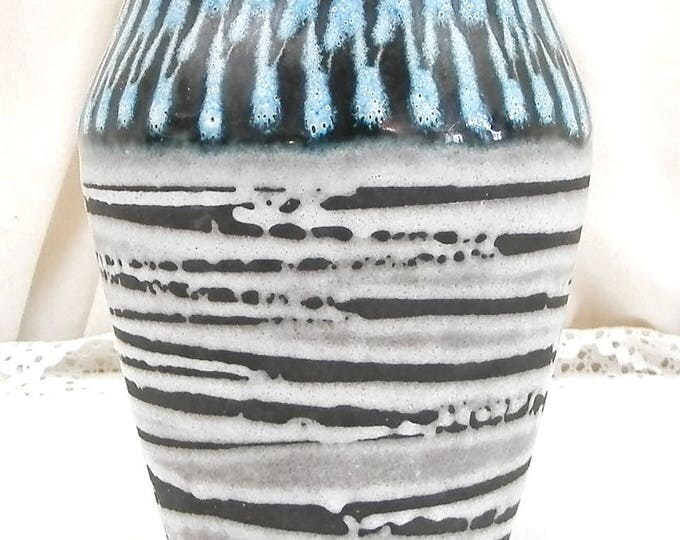 Vintage Mid Century Hand Decorated Pottery Vase in Black Glaze with Pale Blue and White Slip, Retro 1960s West German European Ceramics