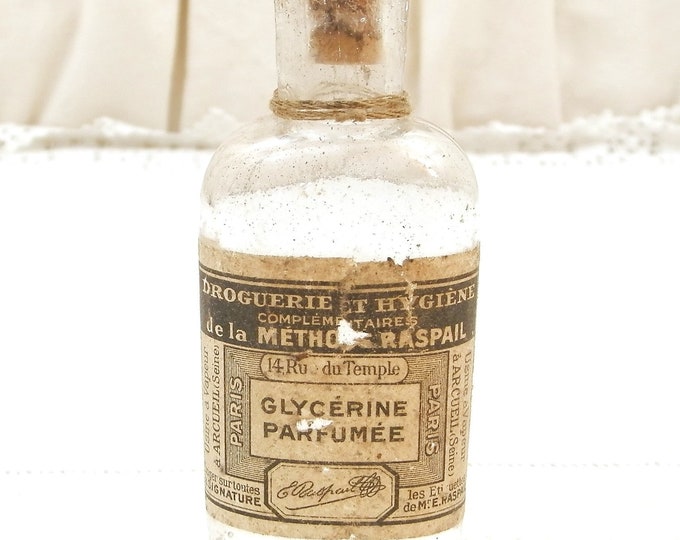 Antique French Glass Bottle With Original Paper Label for Perfumed Glycerin / Glycérine Parfumée from Paris, Country Cottage Decor France