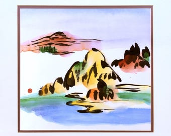 Abstract Landscape, Original Chinese painting, Satin Fabric, Mountain and Water, Decor, Wall Art, Japanese Painting, Watercolor, Zen, Modern