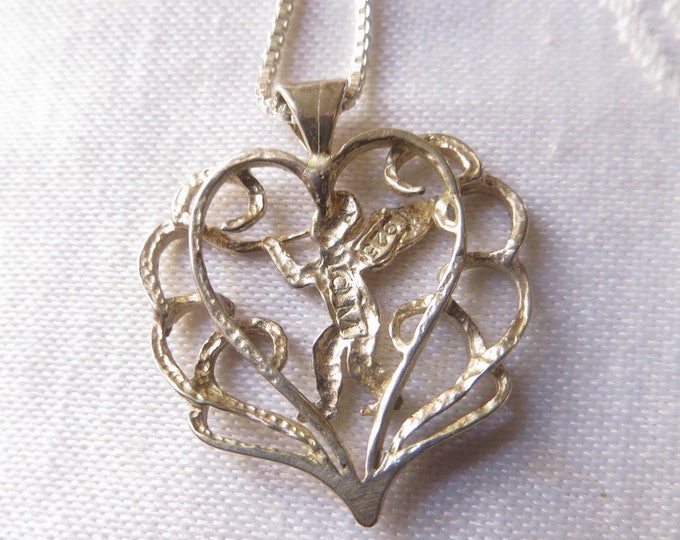 Sterling Silver Cherub Necklace, Filigree Heart Necklace, Vintage Musical Angel Necklace, 20" Chain