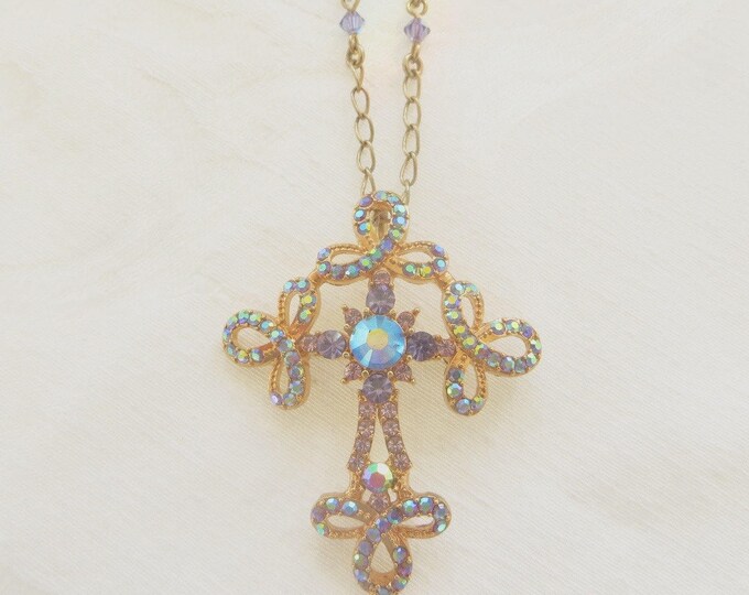 Kirks Folly Cross Necklace, Vintage Cross Brooch, Aurora Borealis Rhinestones, Crystal Beads