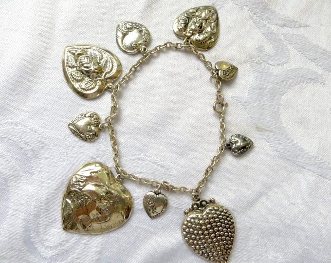 Sterling Heart Charm Bracelet, Nine Heart Charms, Raised Relief Detail, Vintage Charm Bracelet