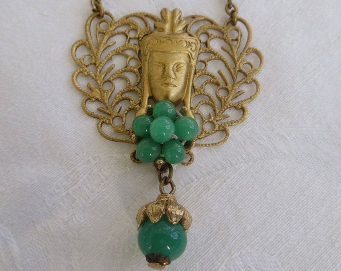 Vintage Quan Yin Necklace, Filigree with Peking Glass Beads, Bib Style, Spiritual Jewelry, 24 Inch Chain, Goddess of Mercy and Compassion