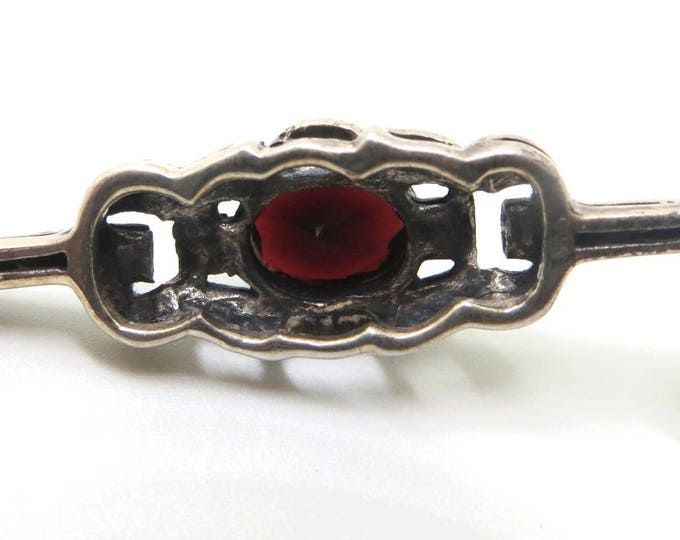 Vintage Sterling Marcasite Brooch, Garnet Glass Stone, Art Deco Bar Pin, Art Deco Jewelry