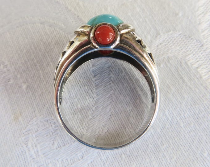 Sterling Turquoise Coral Ring. Etched Band, Bali Style Ring, Size 11 Ring, Southwest Jewelry