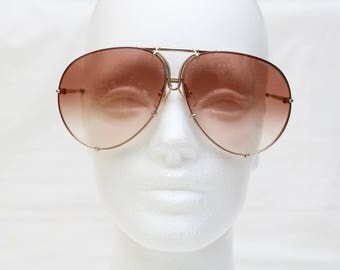 Rare 80's Vintage "PORSCHE DESIGN By CARRERA" Large Gold Aviator Designer Sunglasses with Brown Gradient Lenses