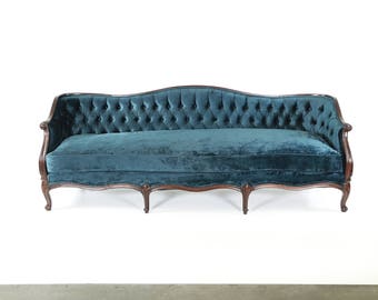 Vintage Butterfly Back Tufted Victorian French Provincial Sofa - restored in dark walnut stain w Down Wrapped ONE Foam Seat