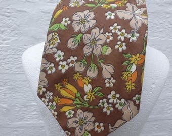 Brown floral tie mens 1970s fashion handmade necktie green yellow gift for him birthday present 70s tie cotton necktie vintage festival mens