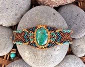 Gemstone Macrame Bracelet with Chrysocolla in street style, boho jewelry with tribal pattern
