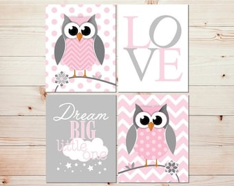Nursery wall art Owl nursery decor Kids decor Kids wall art Dream big print Pink gray nursery art prints Baby girl nursery artwork #0822