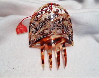 Vintage Faux Tortoiseshell Bahia Palma Mallorca Spain Spanish Hair Comb with Silver Studs & Rhinestones, c. 1950
