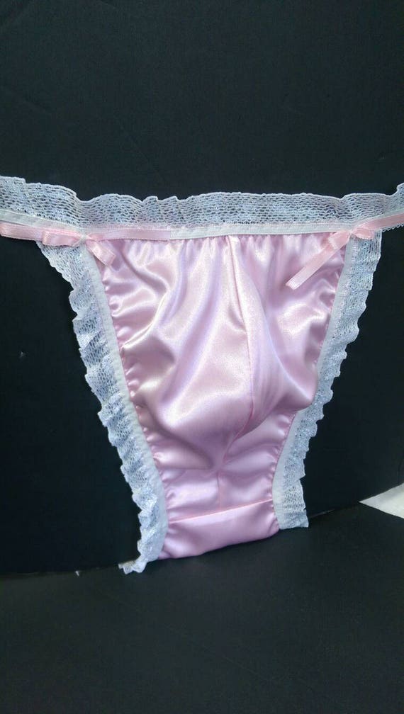 Mens Satin String Bikini Briefs Sexy Pouched Low-Rise Pale