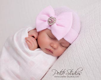Newborn Hospital Hat Bow Baby Girl Hospital Hat Beanie with Bow – PINK
