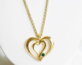 Vintage Avon Heart Necklace - "Romantic Birthstone Pendant" - Gold Tone Double Heart May Birthstone Necklace - Birthday Gift for Her