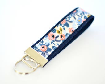 Rifle Paper Co Fabric Key Chain, Blue Key Holder, Floral Key Fob, Wristlet Key Chain for Women, Wrist Lanyard Navy Key Holder Gift Under 10