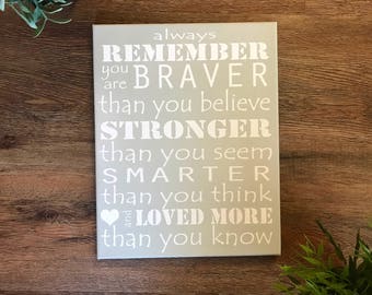 CUSTOM COLORS Always Remember, you are braver, stronger, smarter, nursery room decor, 11x14, 16x20, or 22x28 canvas winnie the pooh quote