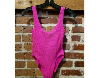 80s vintage high leg one piece swimsuit- neon pink Speedo scrunch xs s