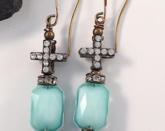 Blue Milk Glass, Rhinestone Cross Brass Beaded Earrings, Gift for Her, Art Nouveau, Statement, Renaissance, Vintage Inspired, Romantic, Boho