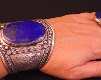 BR6500 - Vintage Style Lapis Kuchi Tribal Cuff Bracelet - Afghani Ethnic Statement Bracelet Boho