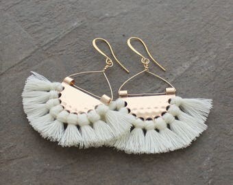 Fringe Earrings - White Tassel Earrings - Boho Tassel Earrings - Multi Tassel Earrings - Fan Earrings - Half Circle Earrings, Tassle Earring