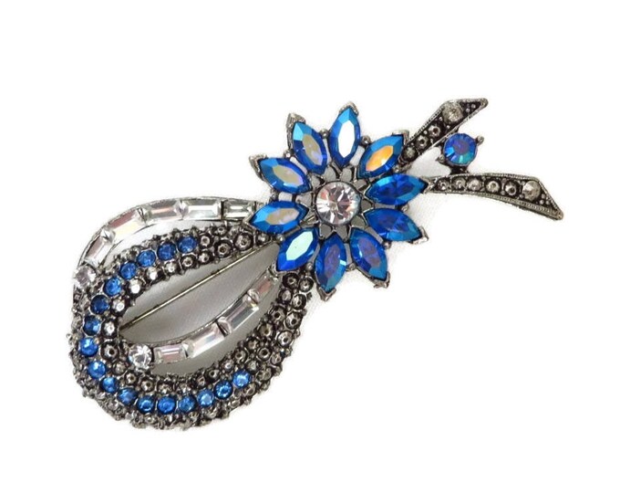 Blue Rhinestone Brooch, Bow Brooch, Signed Weiss AB Rhinestone Pin, Vintage Jewelry, Sapphire Blue Crystal Pin, Gift for Her