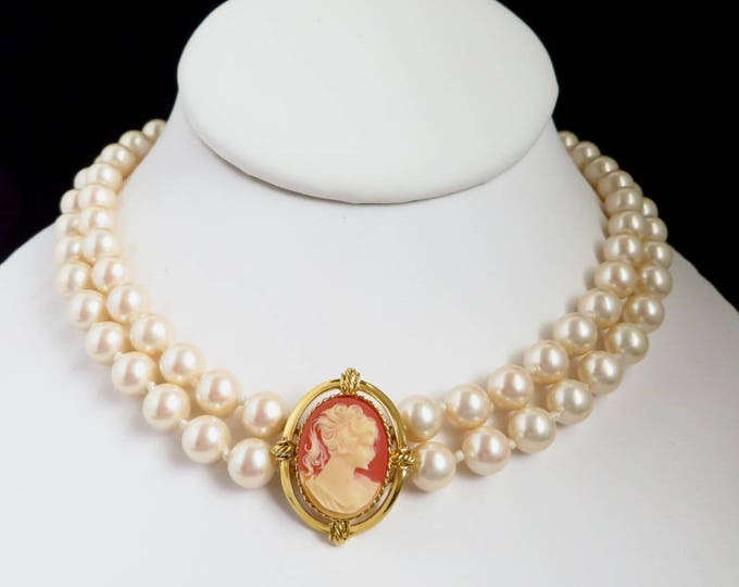 Erwin Pearl Necklace, Vintage P.E.P. Double Strand Faux Pearl Cameo Choker, Bridal Jewelry