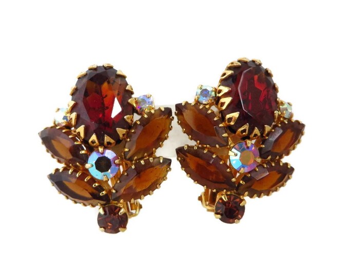 Juliana Amber Rhinestone Earrings | Vintage D&E Verified | Amber, Cognac, AB Rhinestone Clip-ons | Bridal Jewelry