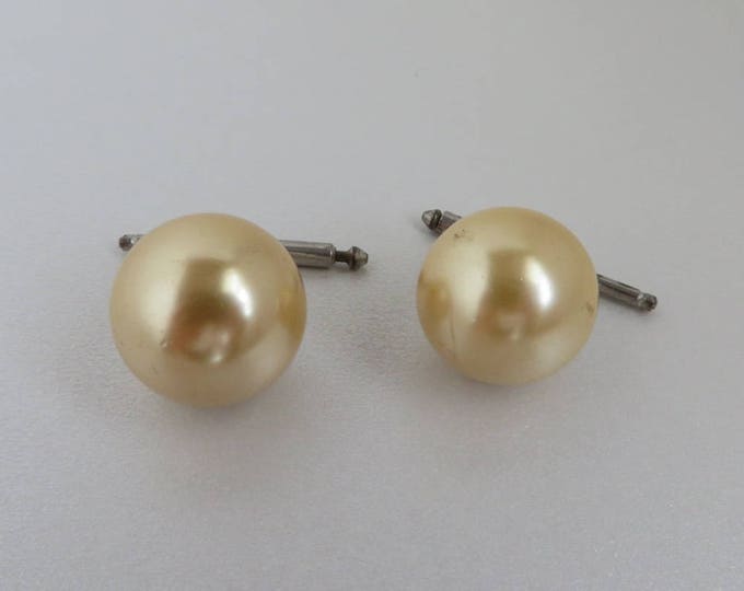 Faux Pearl Springback Cufflinks, Vintage Unisex Cuff Links, Suit Accessory, Gift