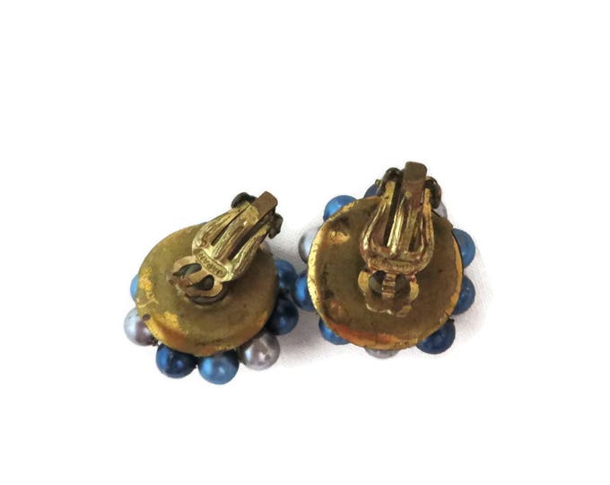 Vintage Japan Earrings, Blue and Gray Cluster Clip-on Earrings