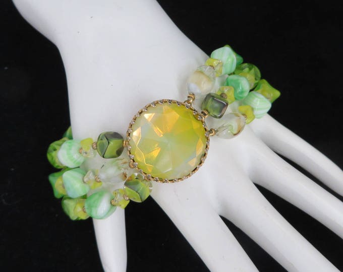 Vintage Bracelet - Hattie Carnegie Crystal Bracelet, Three Strand Green Glass Bracelet, Designer Signed Bracelet