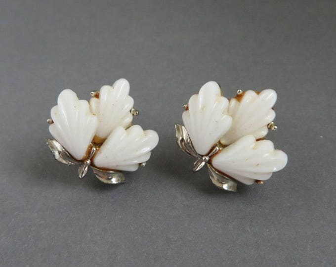 White Earrings, Signed Longcraft White Thermoset Earrings - Vintage White Leaf Silver Tone Screwback Earrings