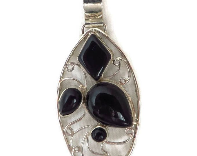 Sterling Silver Onyx Pendant - Vintage Black Onyx, Openwork Silver, Oval Pendant, Unique Perfect Gift, Gift Box