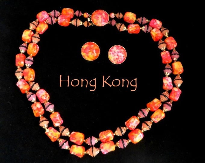 Hong Kong Necklace Earrings Set, Vintage Pink Orange Double Strand Necklace, Button Clip-on Earrings, Demi Parure