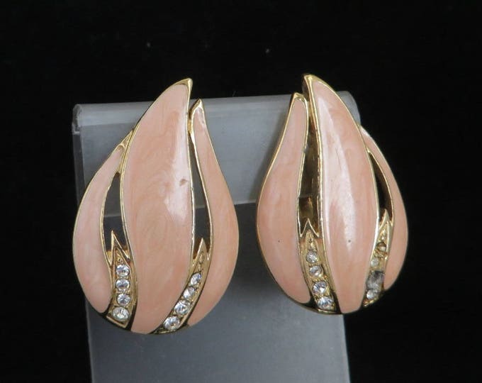 Trifari Salmon Pink Earrings - Vintage Pink Enamel Rhinestone Earrings, Gold Tone Clip-ons, Missing Rhinestones