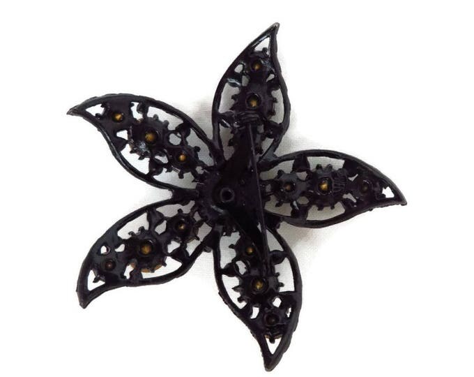 Weiss Mourning Brooch - Jet Black Glass, Rhinestone Flower Pin, Signed Designer Brooch